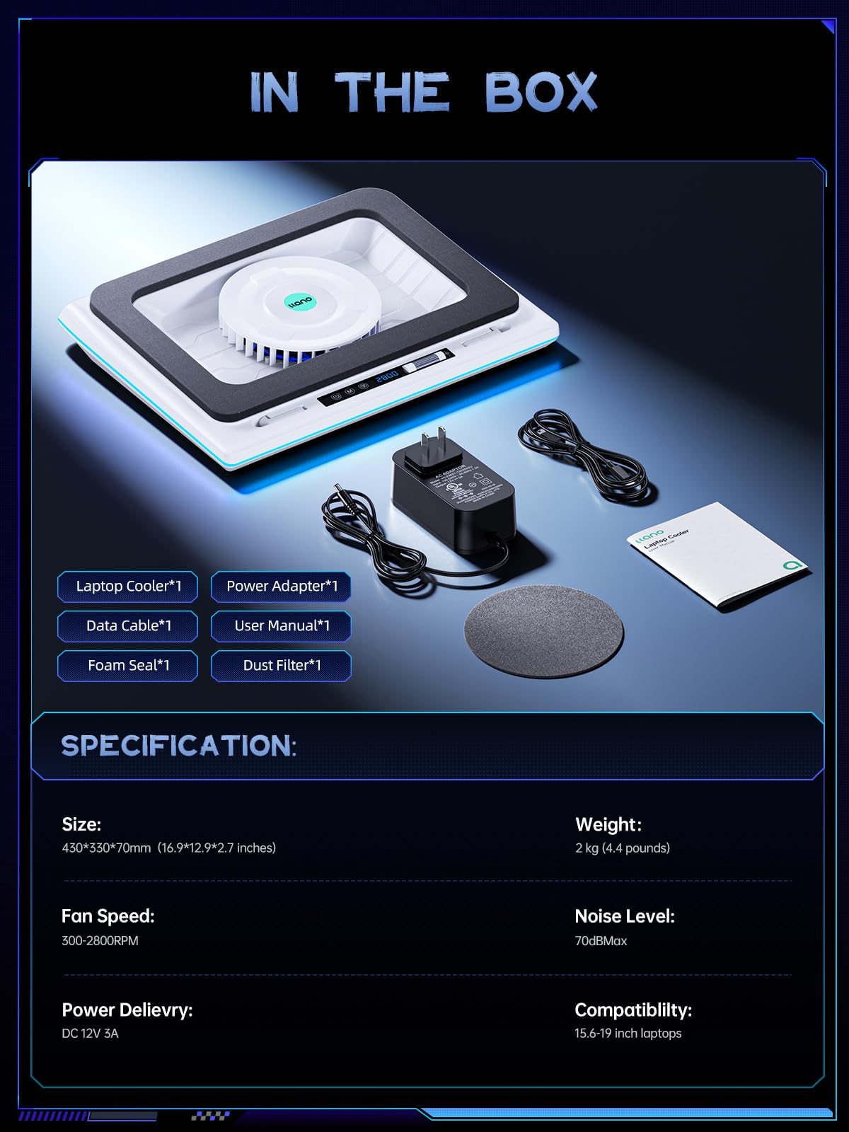 llano RGB laptop cooling pad packaging showing contents