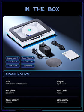 llano RGB laptop cooling pad packaging showing contents
