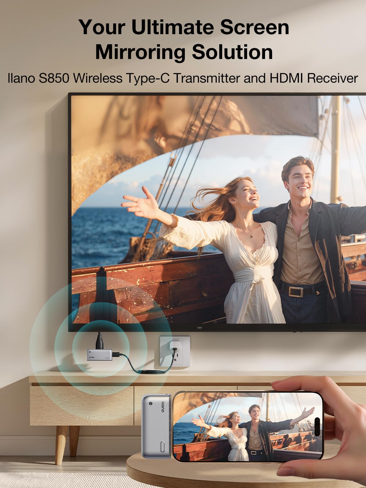 llano S850 wireless HDMI receiver enabling simple mirroring on a TV or projector