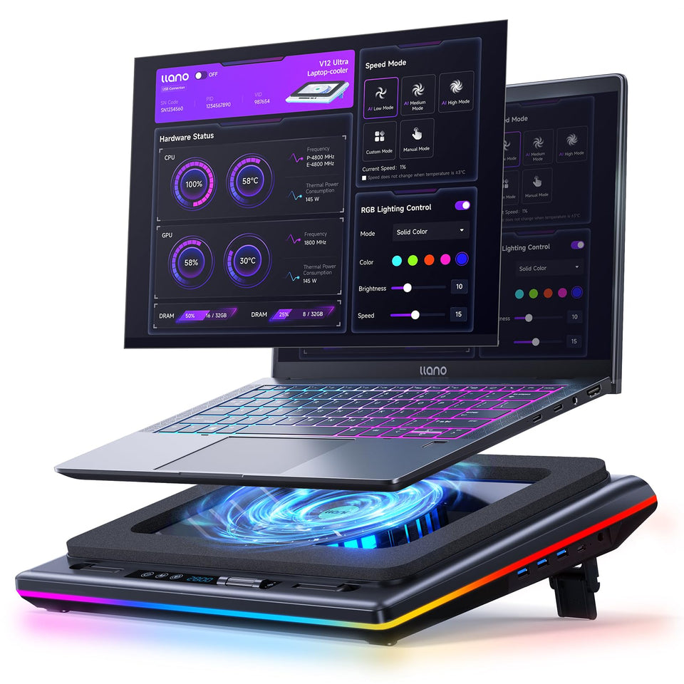 llano V12 Ultra front view shows cooling pad enhancing laptop airflow for smooth gaming