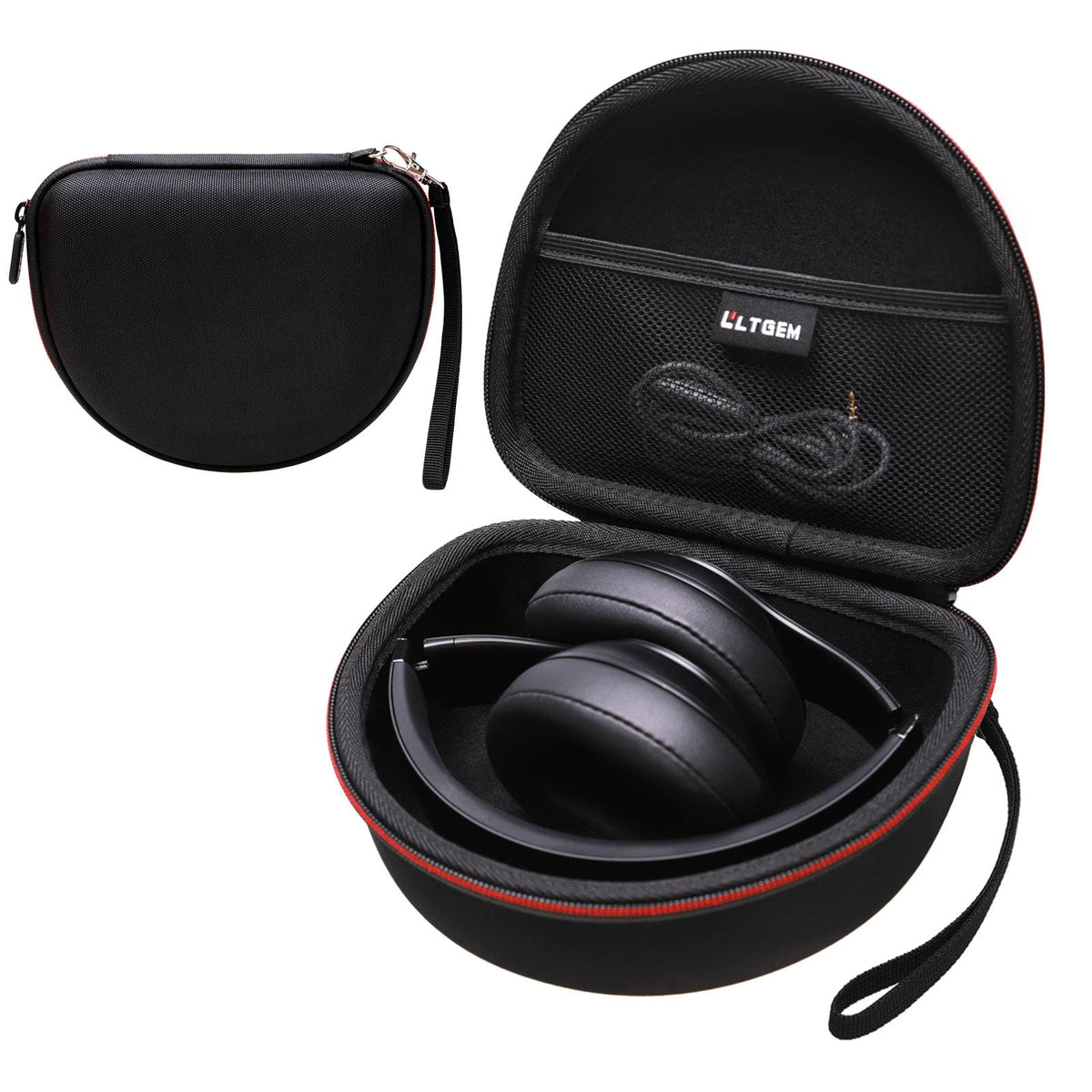 L LTGEM headphone case zipper close-up showing secure closure.
