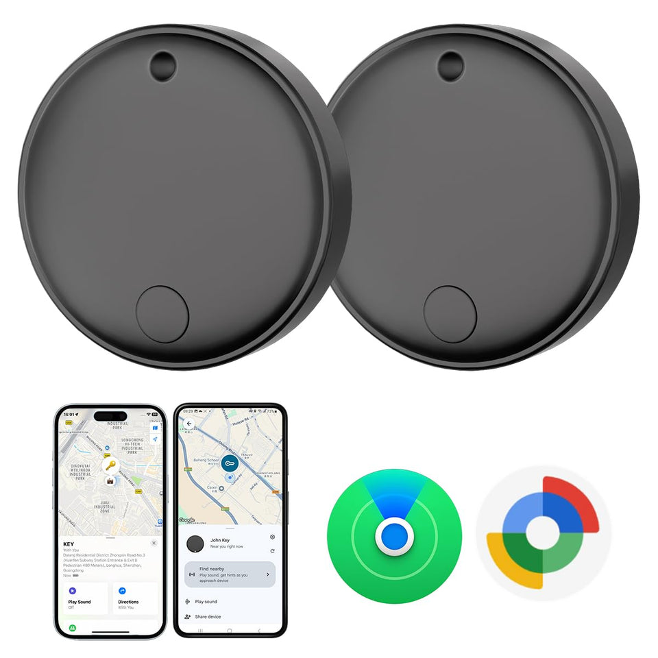 Lmrbelec Tracker Tags attached to keys and wallet for quick finding with Find My or Find Hub.