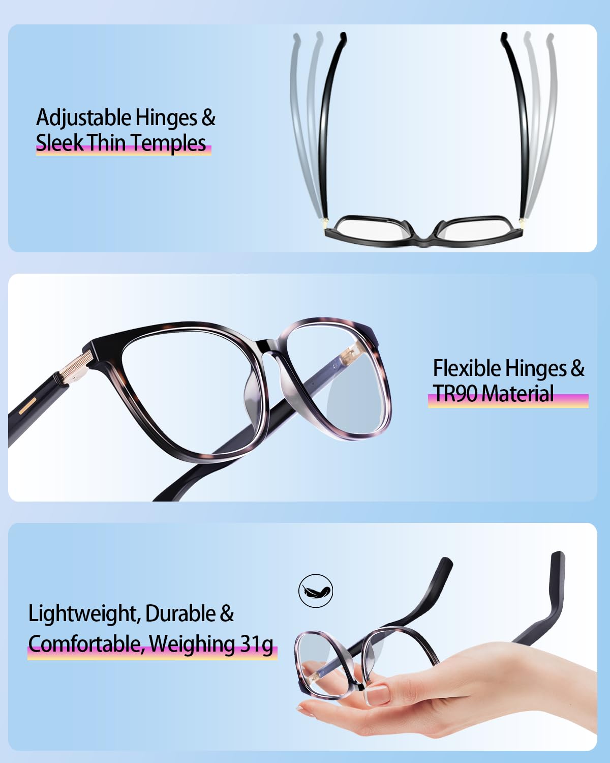 Lenses offer UV and blue-light protection across lighting conditions.