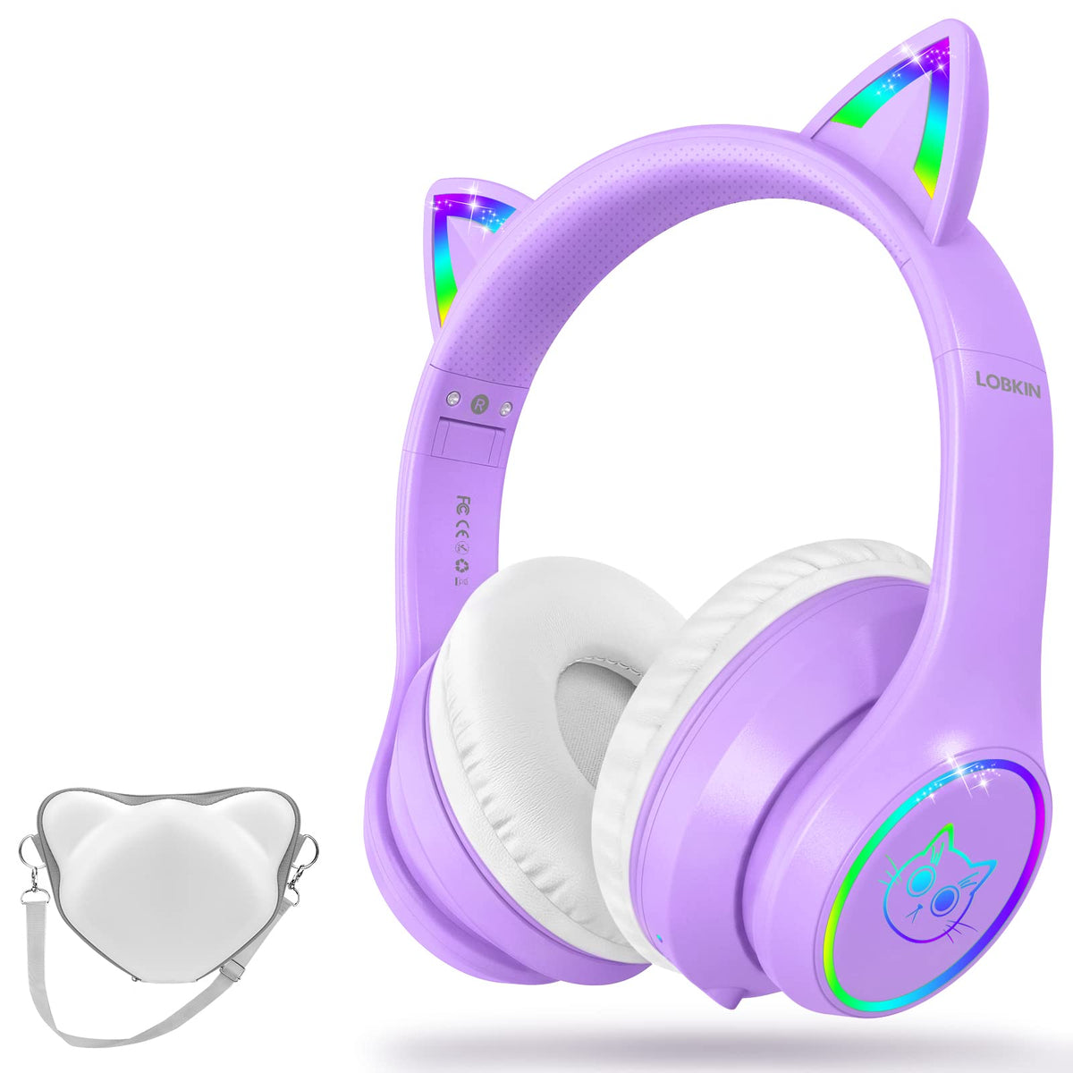 LOBKIN Bluetooth 5.4 kids headphones with case and LED cat ears for travel