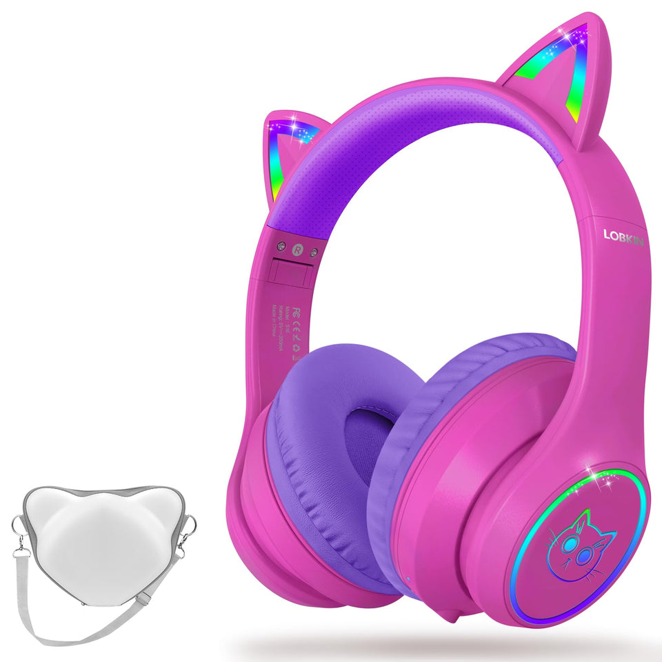 LOBKIN Bluetooth headphones with RGB cat ears for kids, a playful light show on the go.