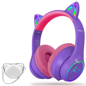LOBKIN BT54 kids headphones with LED cat ears and case for travel