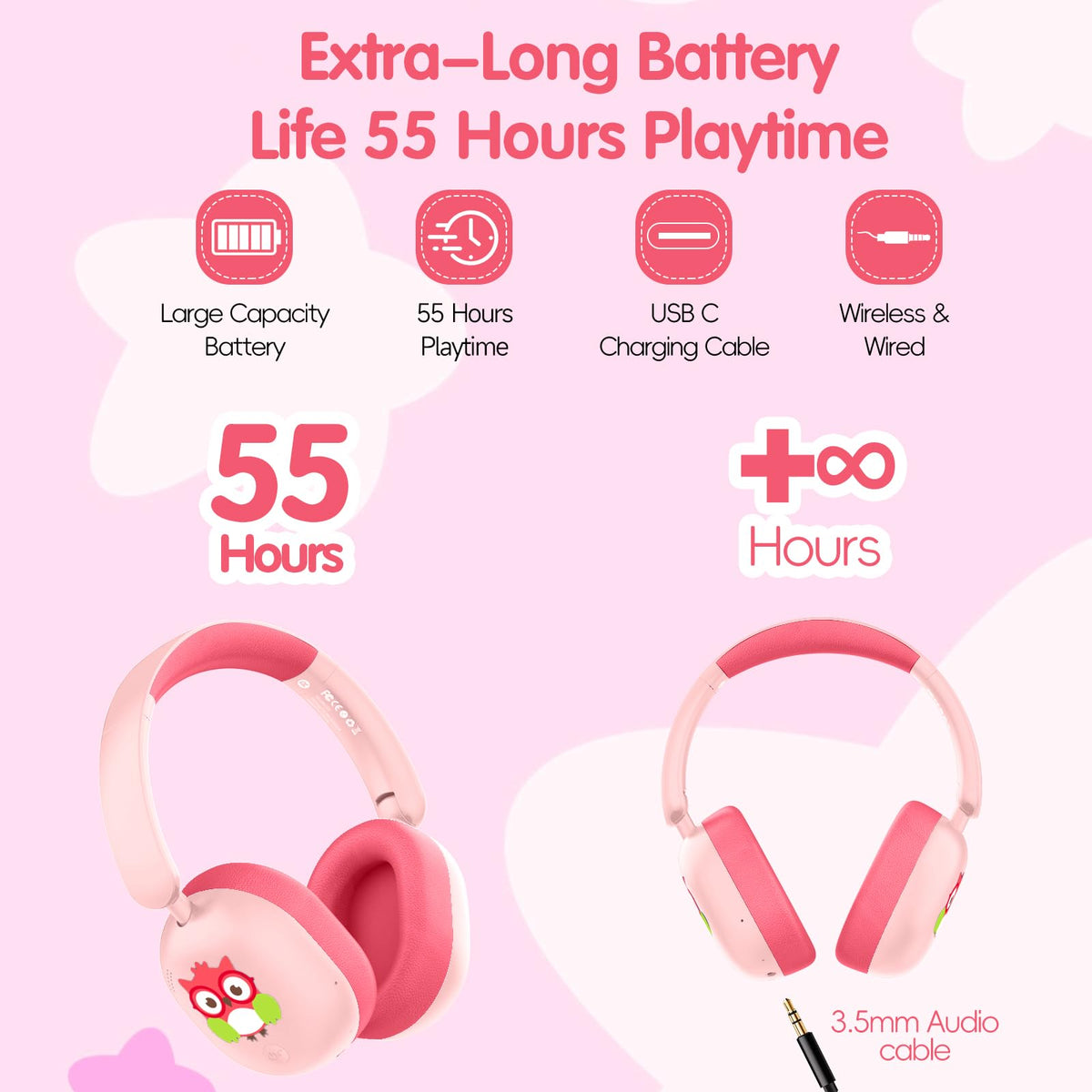 LOBKIN Kids Headphones 55+ hours playback with USB-C charging