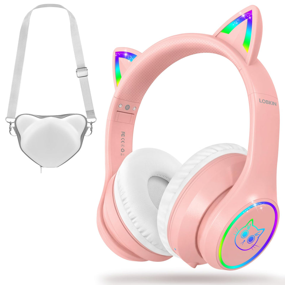 LOBKIN kids headphones with cat ears and RGB LED lights for playful listening