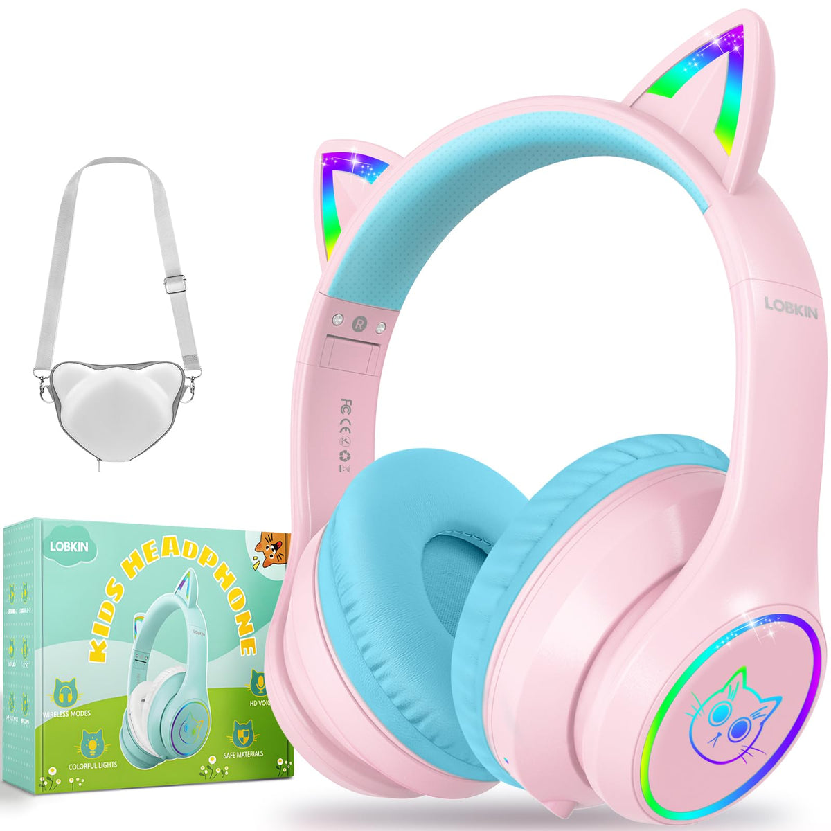 LOBKIN Kids Headphones with RGB LED lights for fun and night listening.