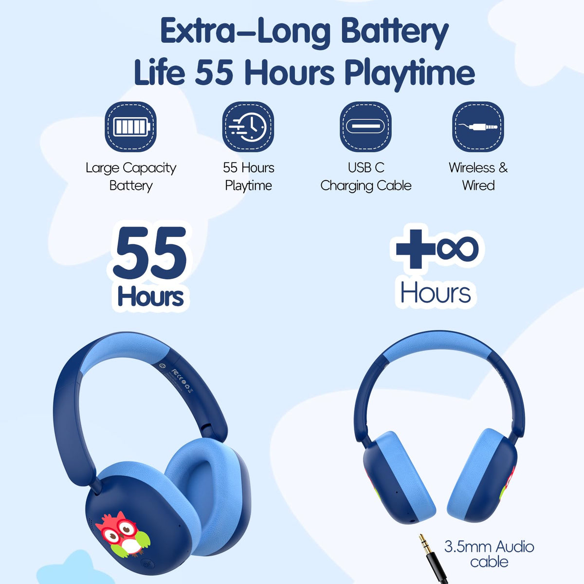 LOBKIN Kids Headphones wired mode with 3.5mm jack.
