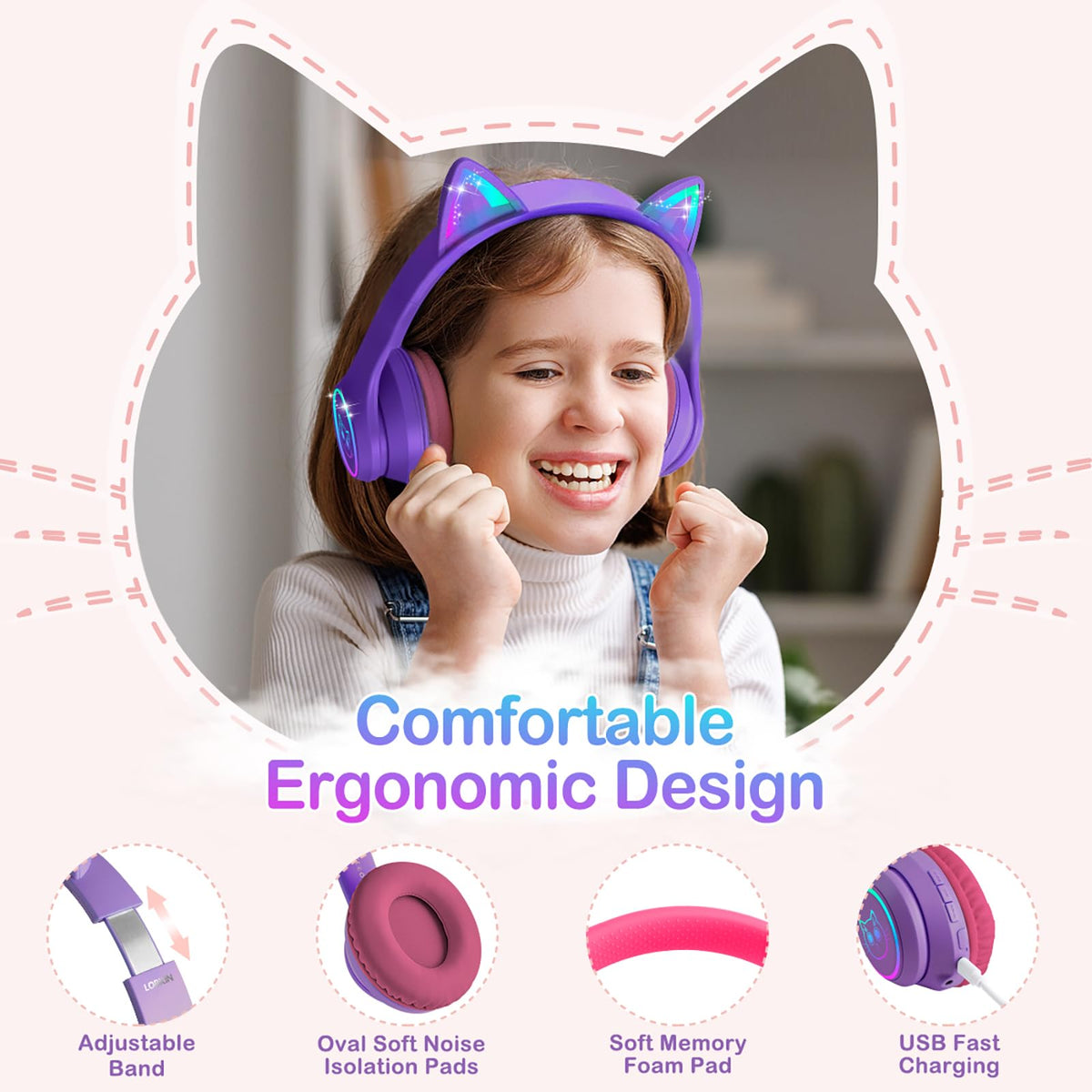LOBKIN LED cat ears and RGB cups for vibrant night listening