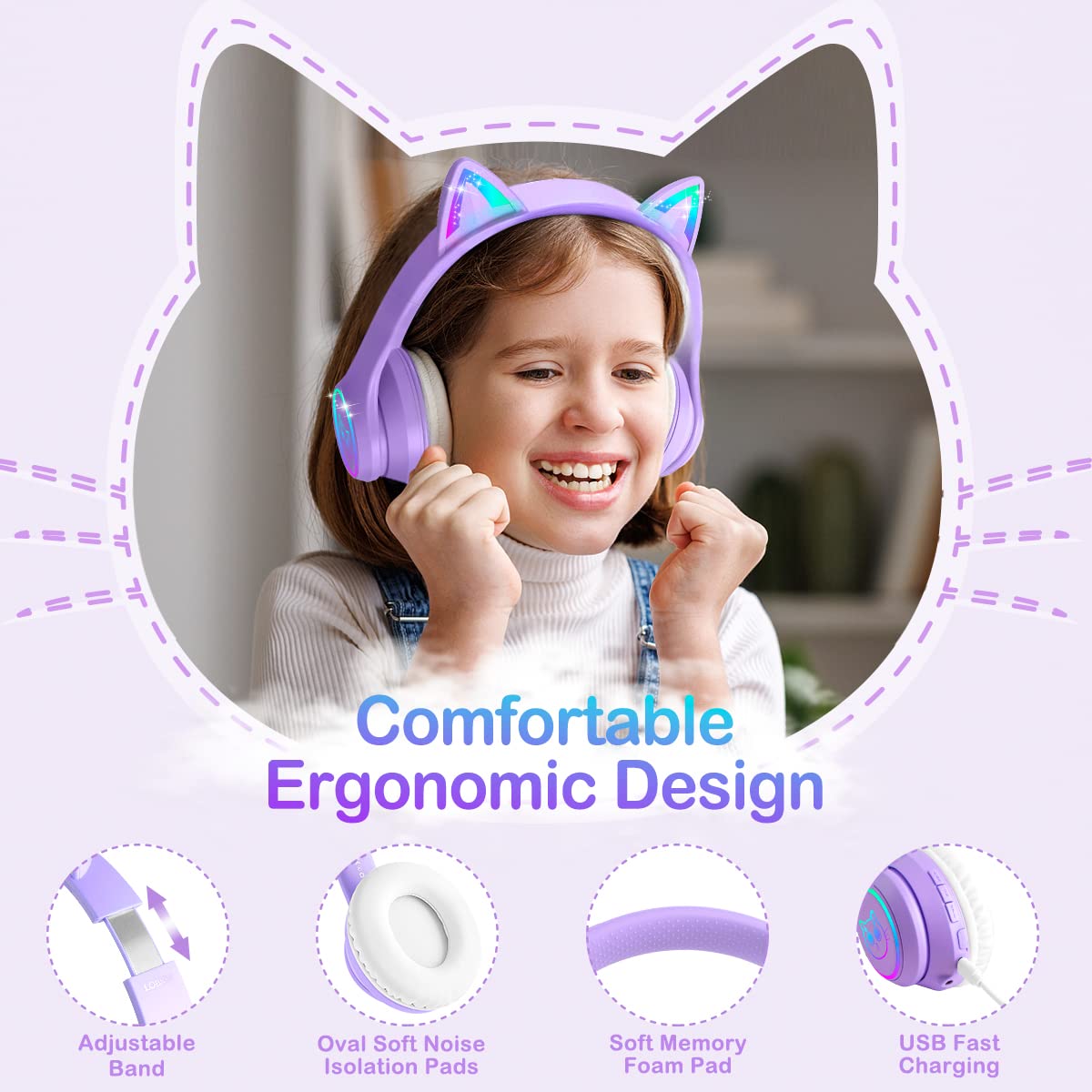 LOBKIN RGB LED cat ears headphones for stylish kids listening