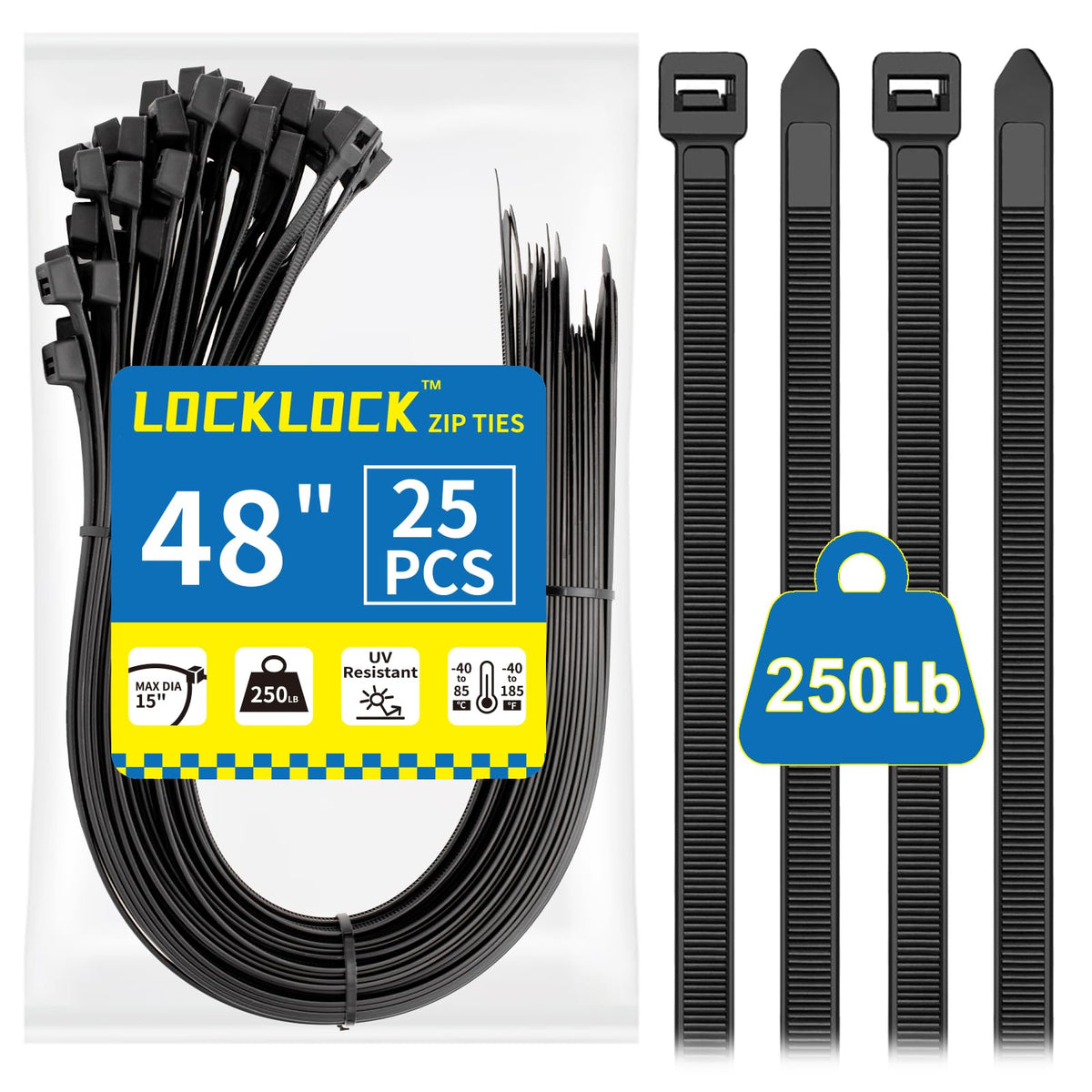 LOCKLOCK 48-inch zip tie showing 250 lb tensile strength for heavy outdoor projects.