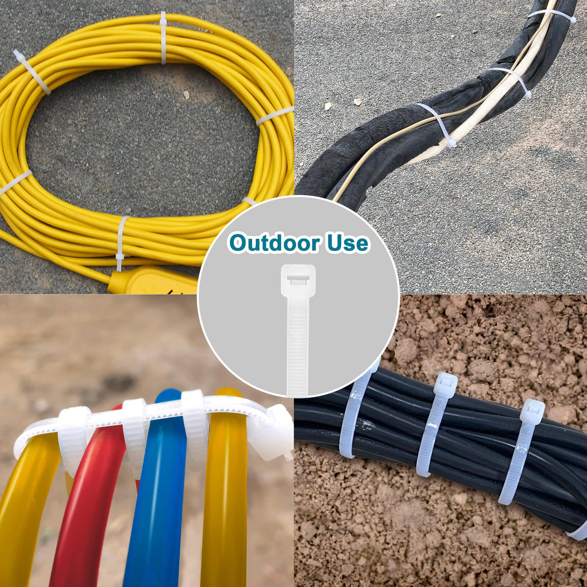 LOCKLOCK zip ties securing garden plants to stakes outdoors, offering weather-resistant support