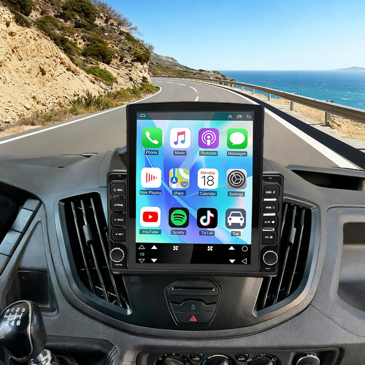 Loddery 9.7-inch car radio front view for Ford Connect with quick navigation controls.