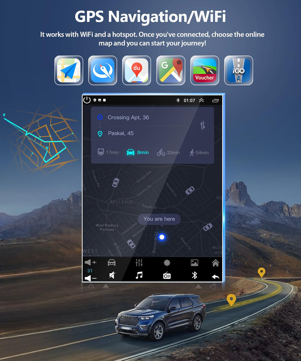 Loddery GPS navigation map display with real-time routing options.