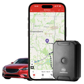Logistimatics Mobile-200 front view showing compact tracker and branding for discreet monitoring