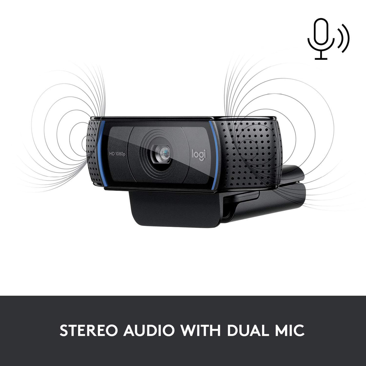 Logitech C920 dual microphones detail illustrating stereo audio capture benefit natural voice