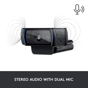 Logitech C920 dual microphones detail illustrating stereo audio capture benefit natural voice