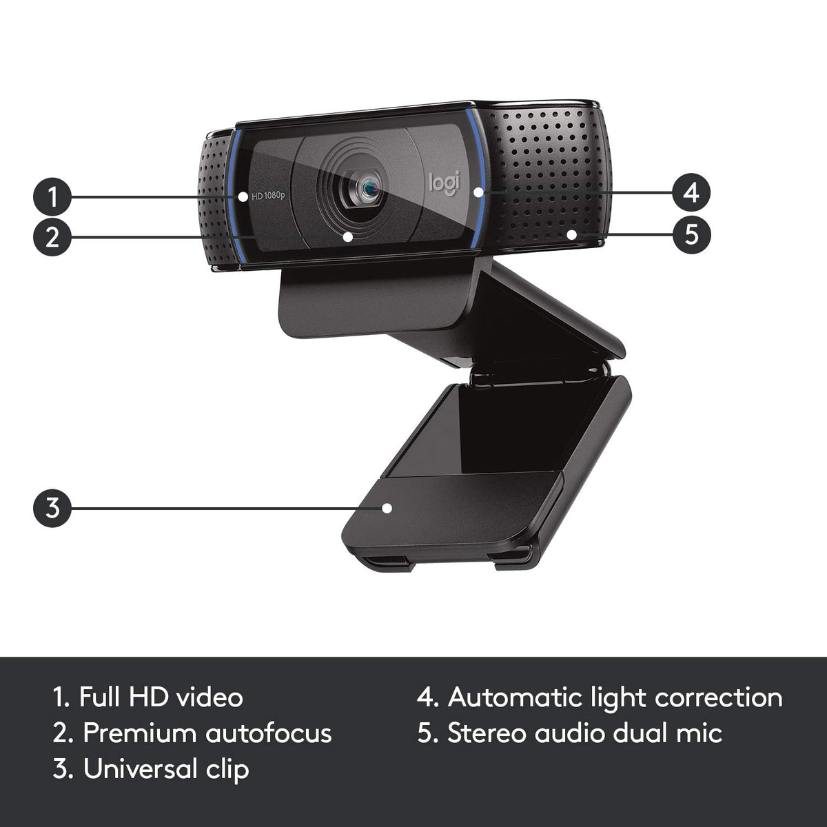 Logitech C920 on tripod for scale showing portable form factor benefit flexible positioning