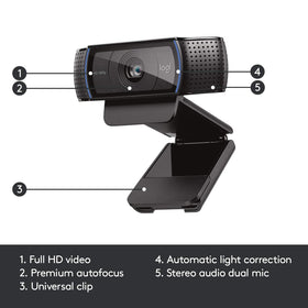 Logitech C920 on tripod for scale showing portable form factor benefit flexible positioning