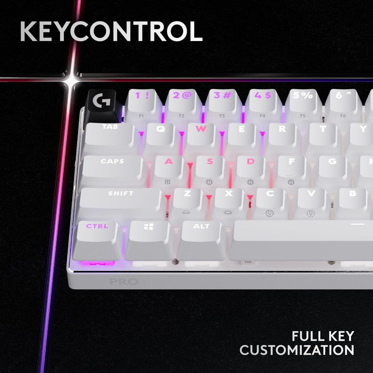 Logitech G PRO X 60 Lightspeed keycaps closeup reveals durable double-shot PBT material.