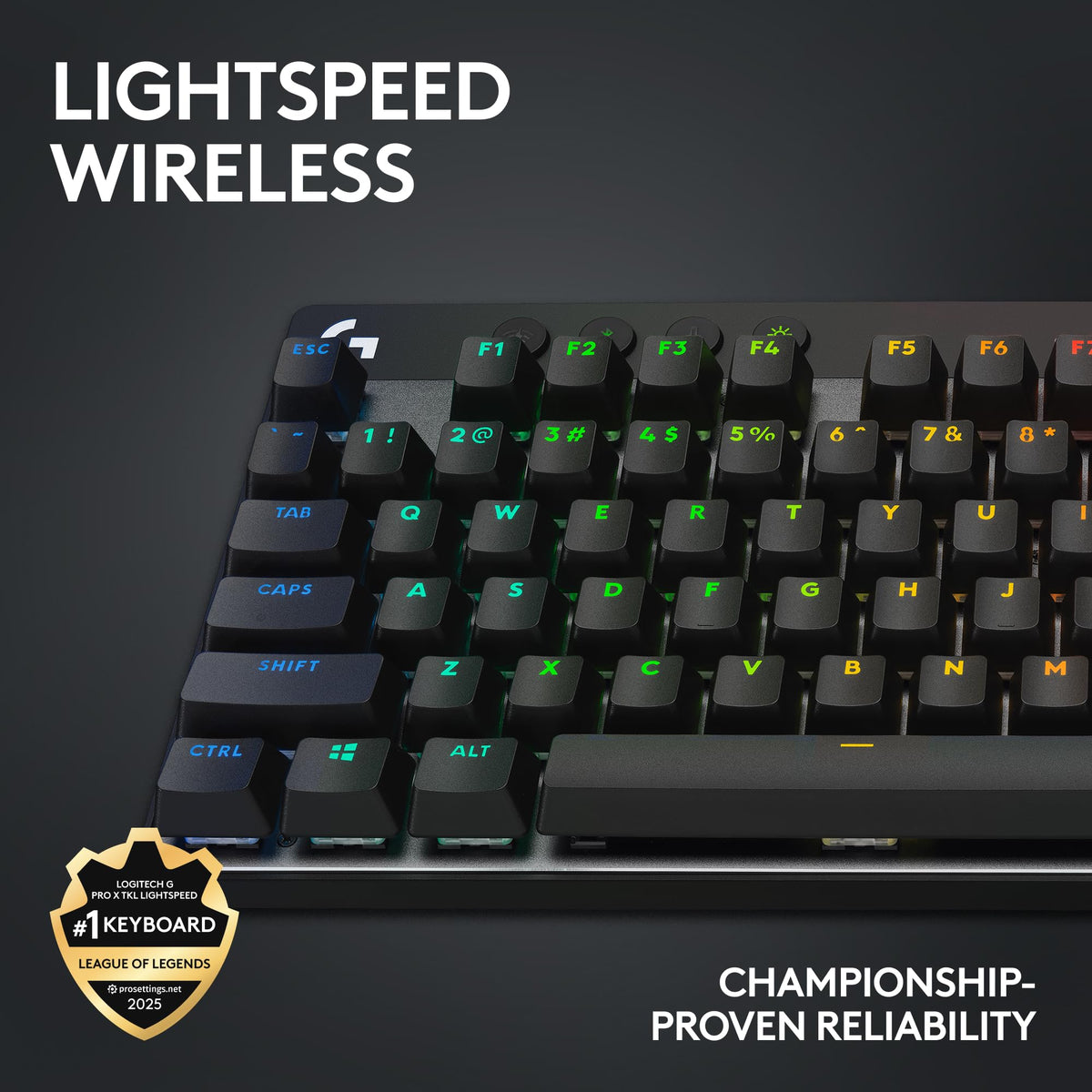 Close-up of keys on Logitech G PRO X TKL Lightspeed keyboard showing durable keycaps.