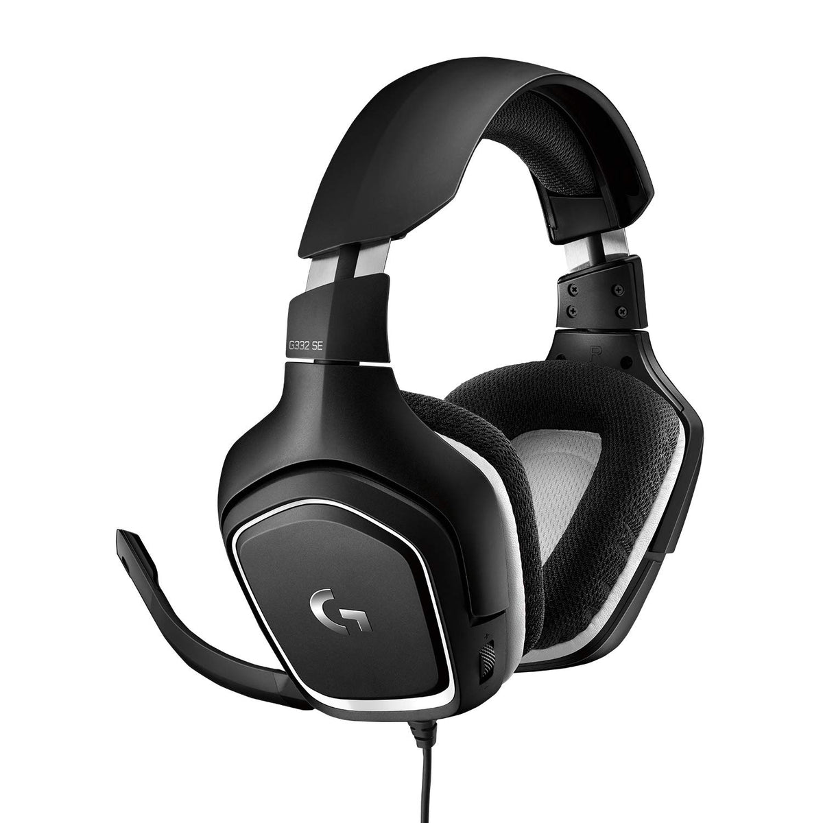 Logitech G headset front view showing sleek design and plug-and-play benefit