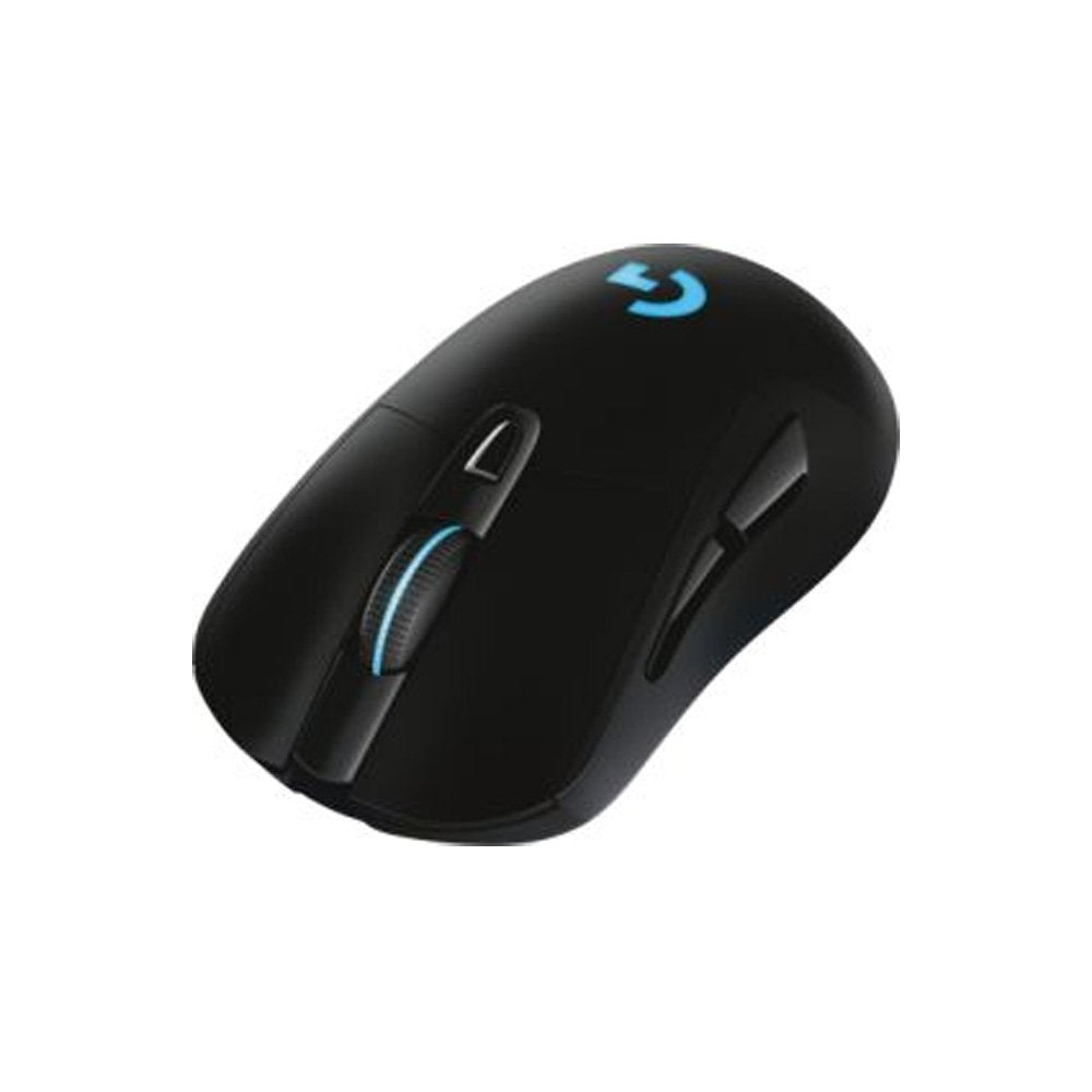 Logitech G703 wireless mouse side view highlighting lightweight comfort for long gaming sessions.