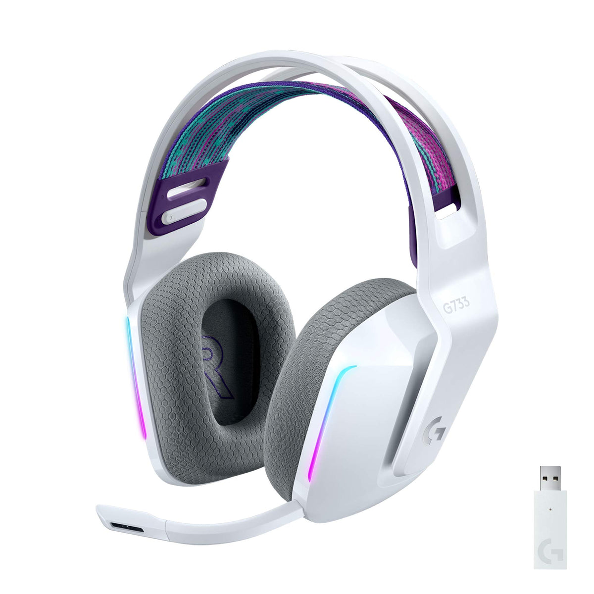Logitech G733 front view with vibrant LIGHTSYNC RGB lighting for immersive ambiance