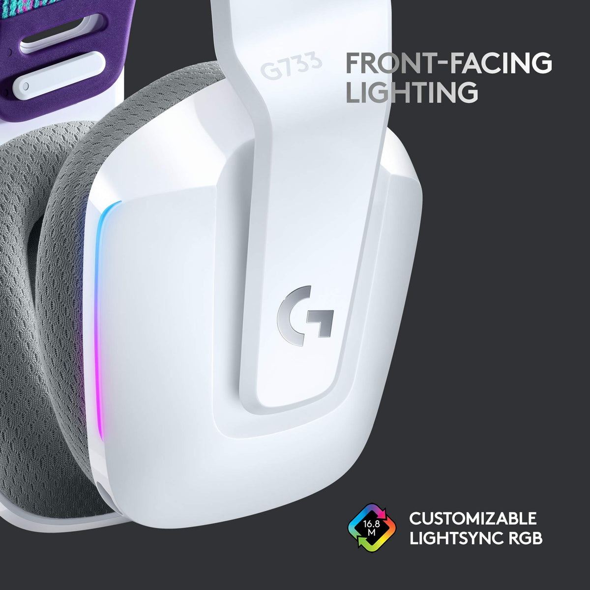 Logitech G733 front panel with full-spectrum LIGHTSYNC RGB lighting