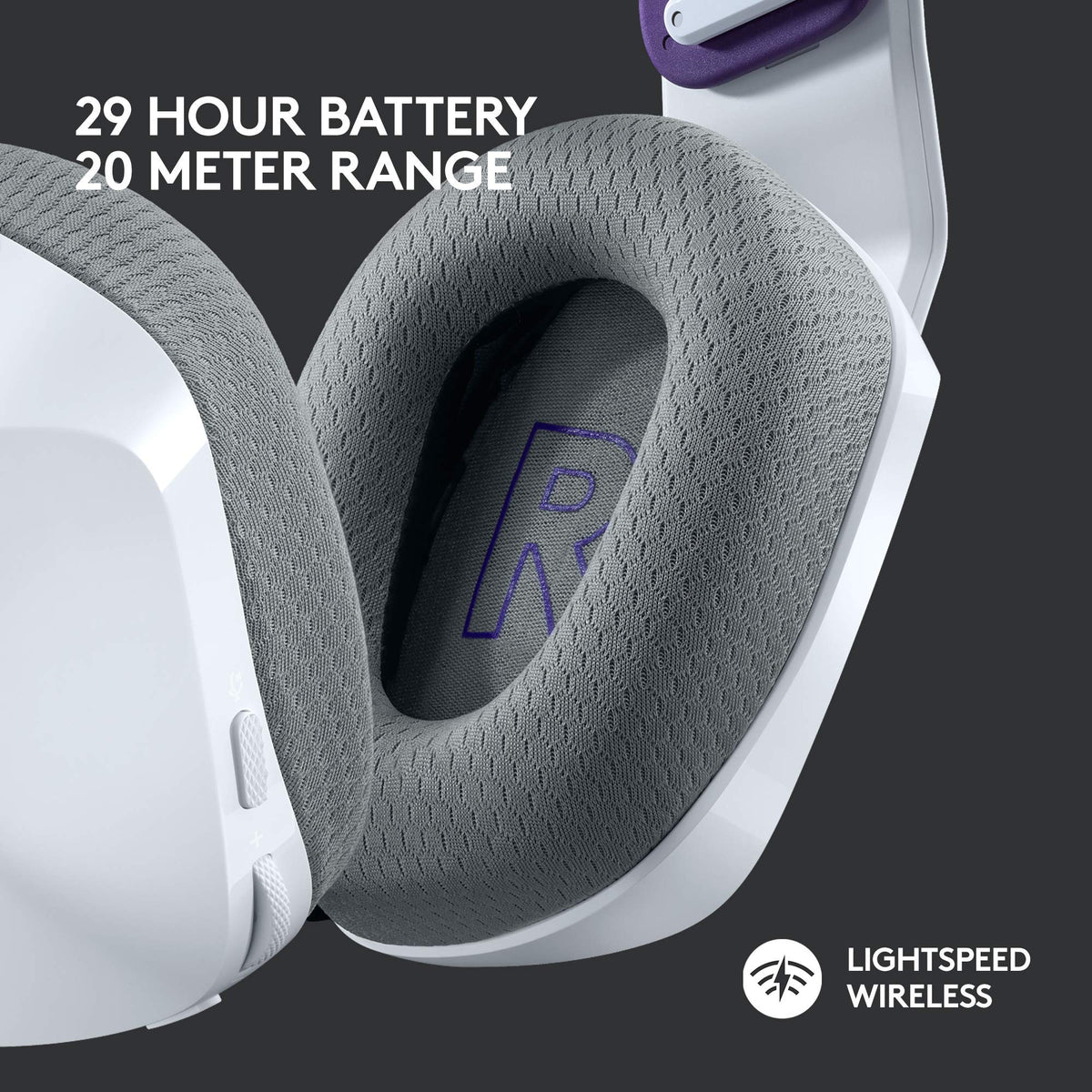 Logitech G733 mic detail emphasizes Blue VO!CE for clearer voice during chats