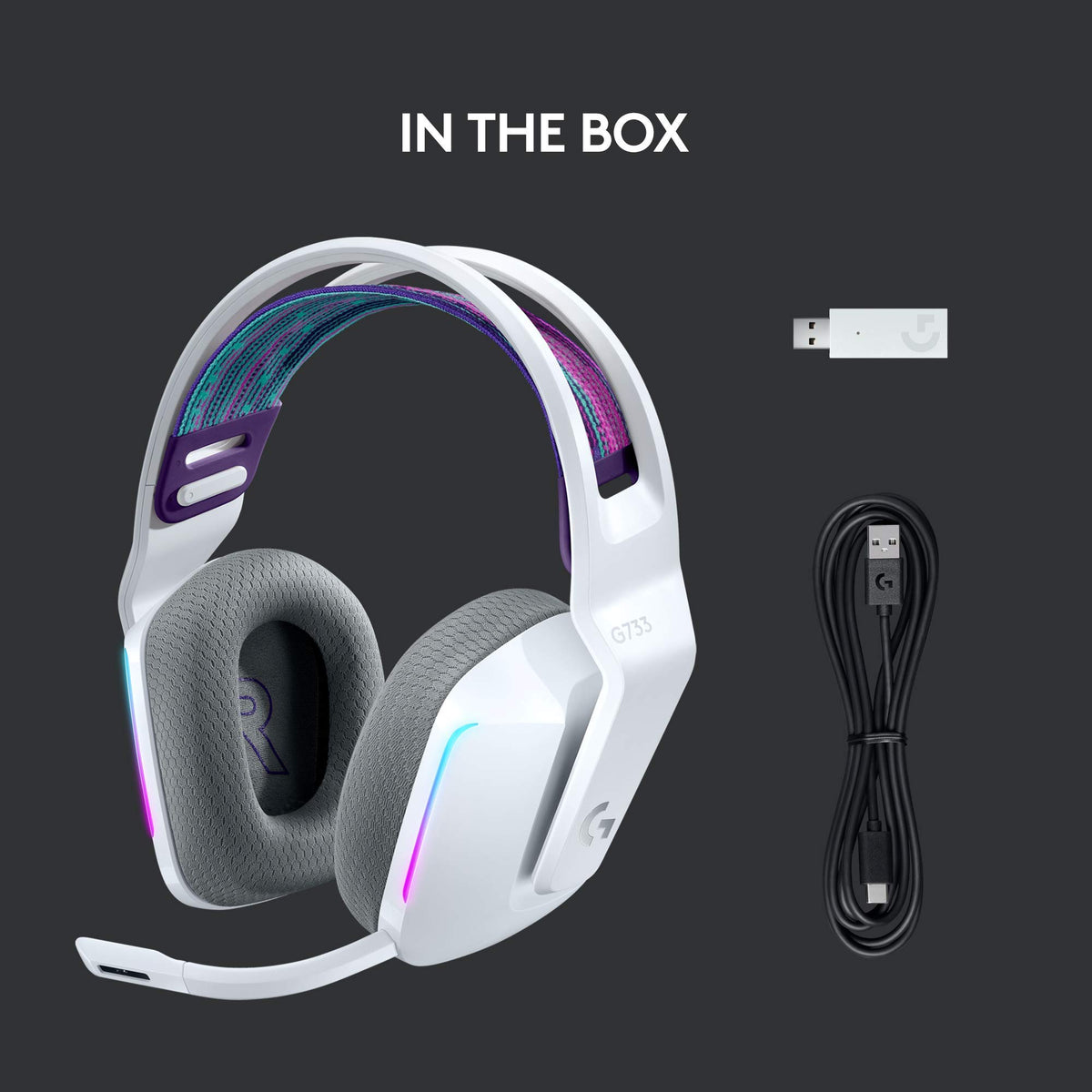 Logitech G733 soft ear cushions showing plush comfort around the ears