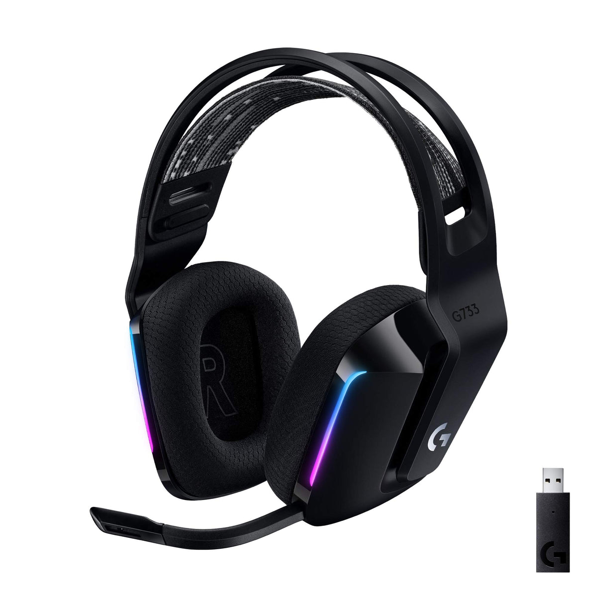 Logitech G733 wireless headset with long-range connectivity for gaming.
