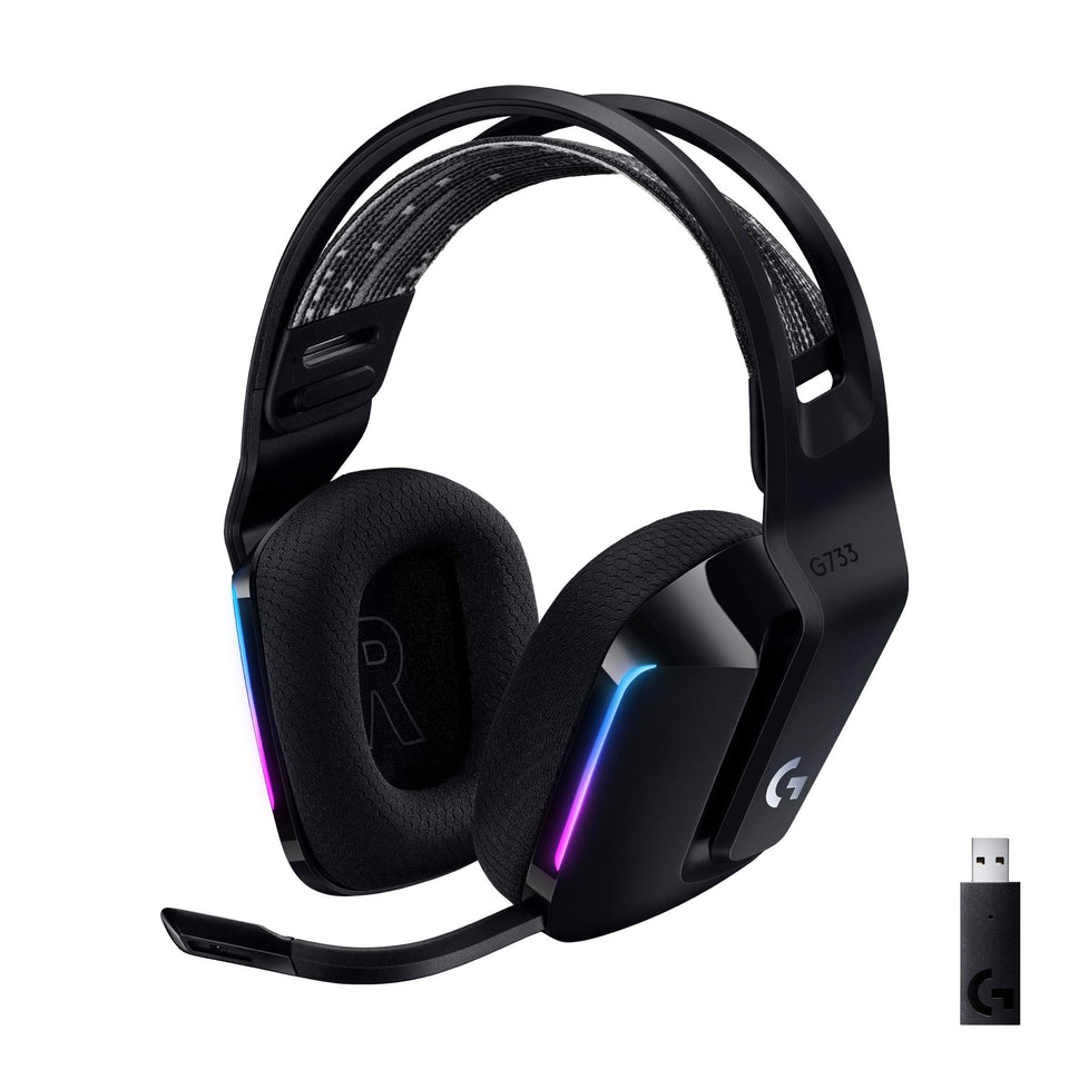 Logitech G733 wireless headset with long-range connectivity for gaming.