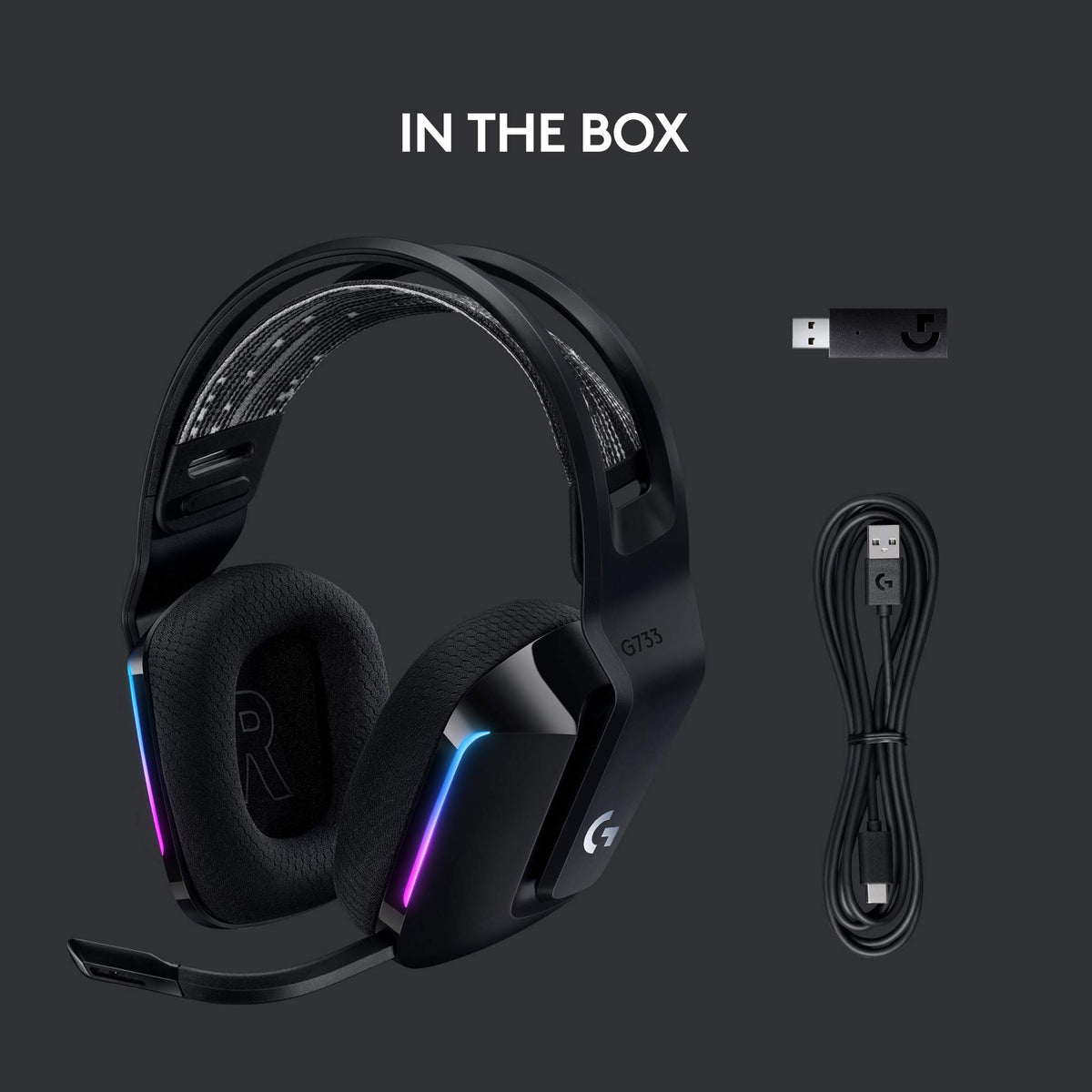 Logitech G733 memory foam cushions for comfortable wear.