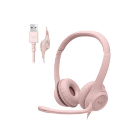 Logitech H390 rose headset front view for comfortable all-day wear.