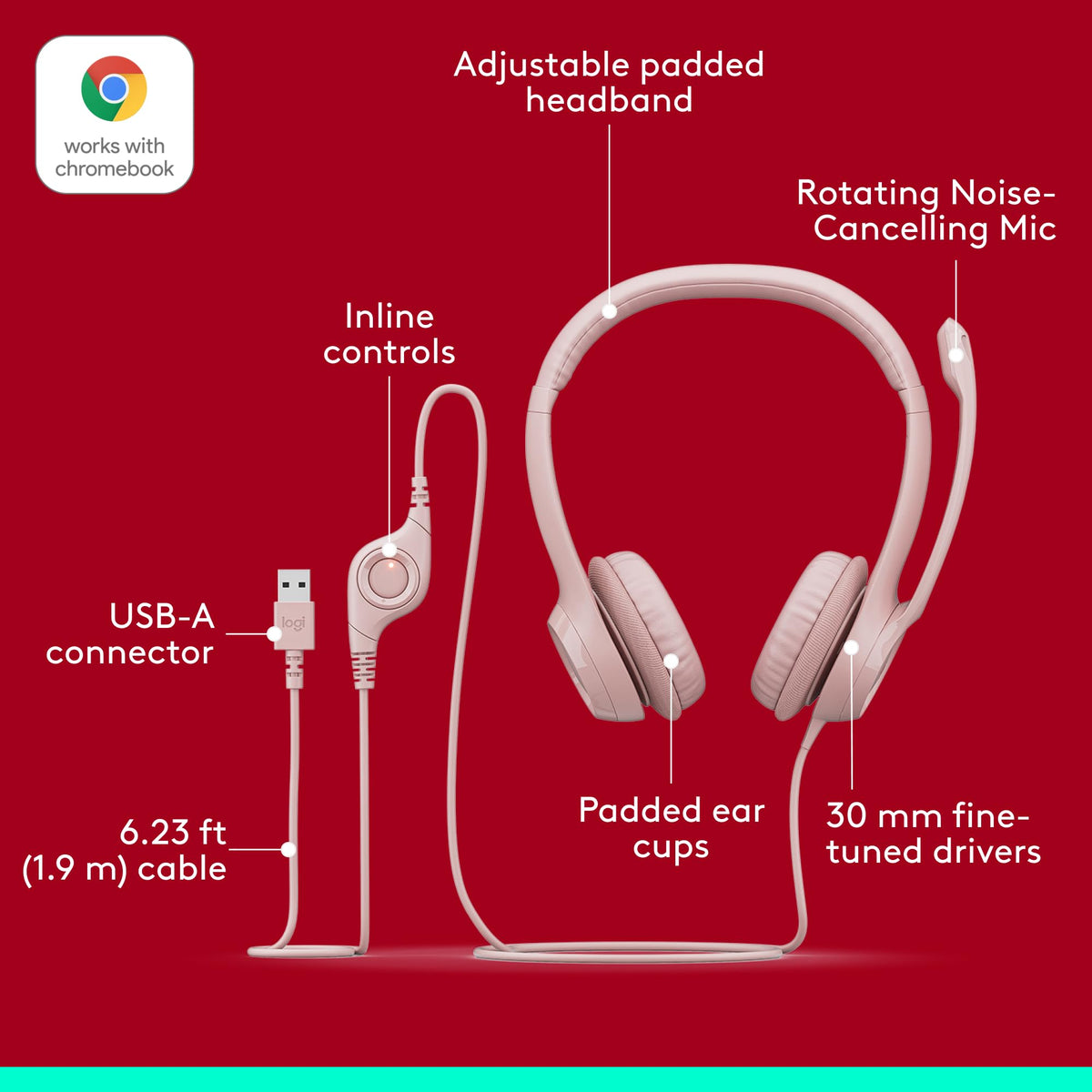 Logitech H390 rose sustainable design using recycled plastic.