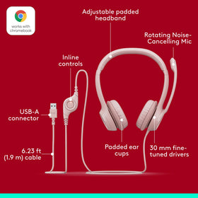 Logitech H390 rose sustainable design using recycled plastic.