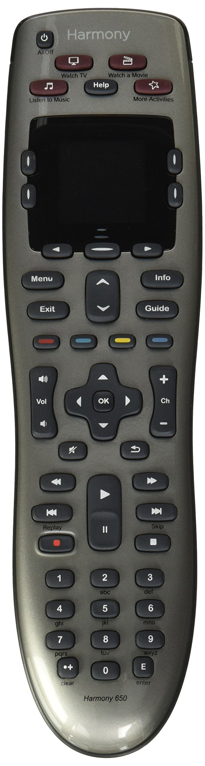 Logitech Harmony 650 remote front view, silver finish, bright screen for quick navigation
