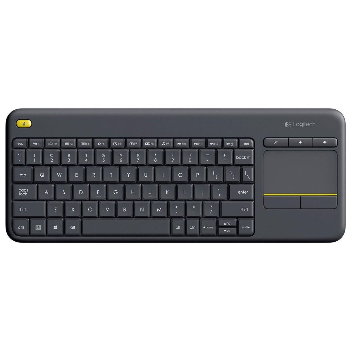 Logitech K400 Plus front view shows full keyboard and touchpad for easy living-room control