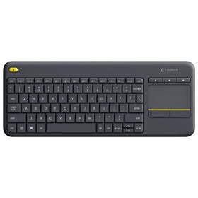 Logitech K400 Plus front view shows full keyboard and touchpad for easy living-room control