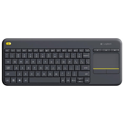 Logitech K400 Plus front view shows full keyboard and touchpad for easy living-room control