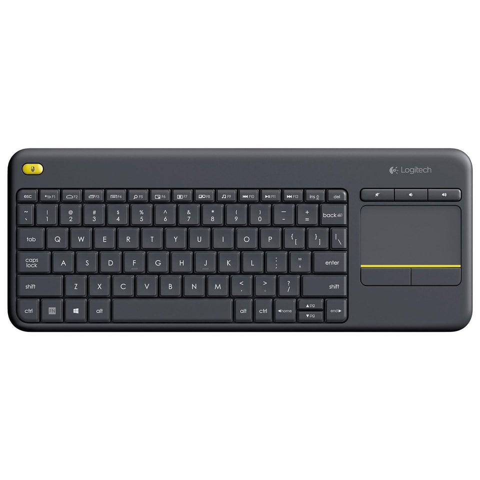 Logitech K400 Plus front view shows full keyboard and touchpad for easy living-room control
