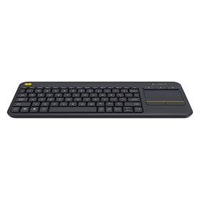 Logitech K400 Plus side profile shows slim design and quiet keys for comfortable typing