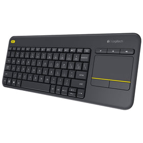 Logitech K400 Plus touchpad closeup highlights multi-touch surface for precise navigation