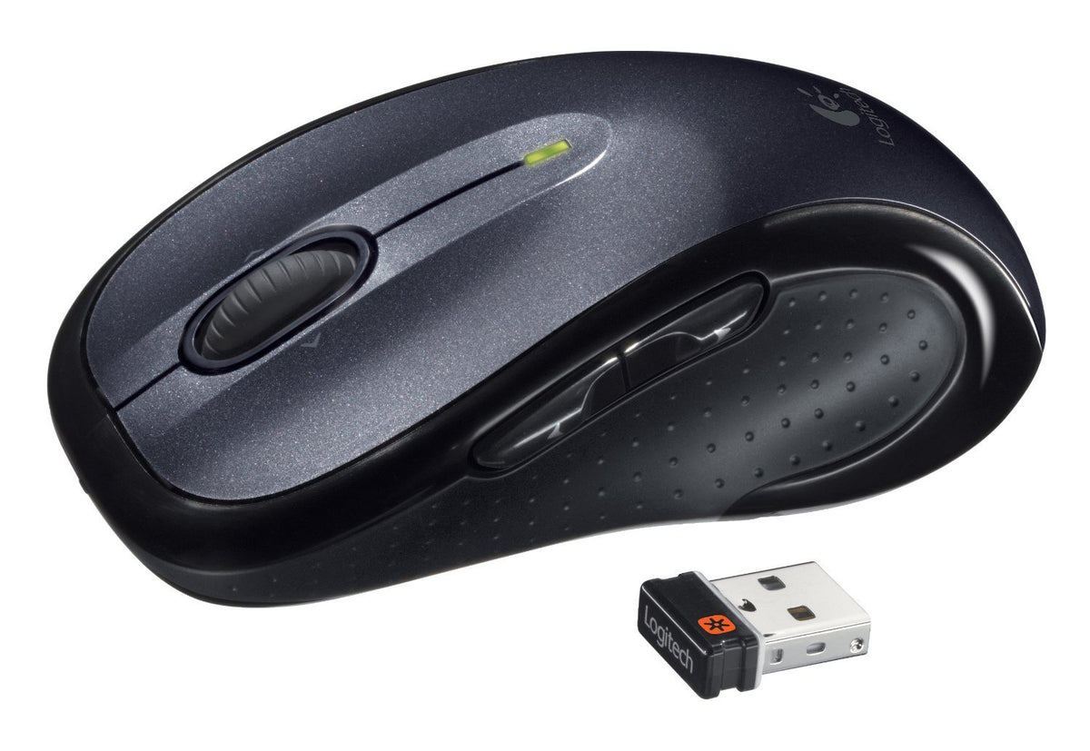Logitech M510 next to USB receiver to show compact wireless connection convenience