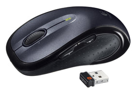 Logitech M510 next to USB receiver to show compact wireless connection convenience