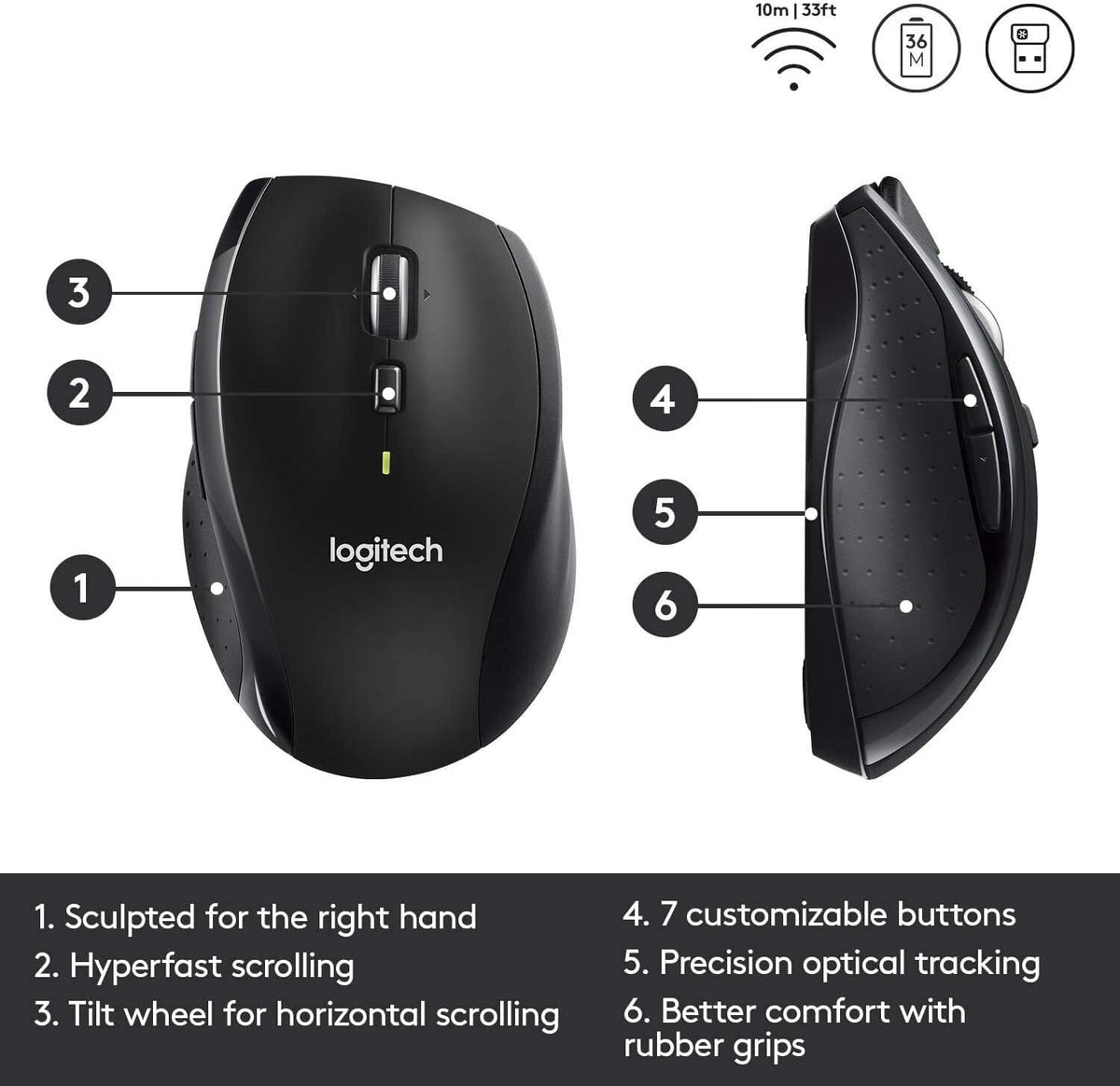 Logitech M705 renewed product ships with essentials and warranty coverage.