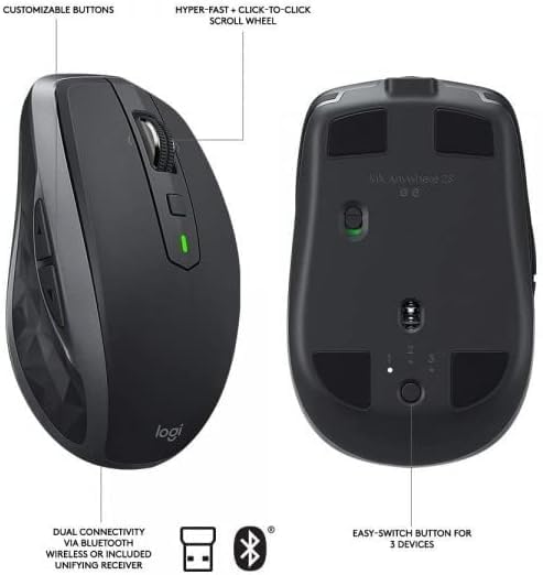 Logitech MX Anywhere 2S with Unifying receiver and charging cable showing connectivity convenience